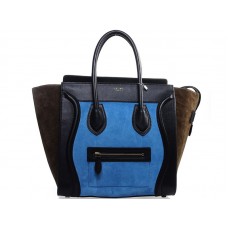 Sac cabas moyen Celine Luggage en cuir de veau noir/daim bleu clair