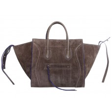 Sac cabas carré Celine Luggage Phantom en daim kaki avec détails bleus