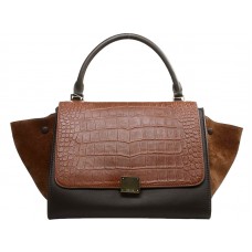 Sac bandoulière Céline Trapeze en cuir croco multicolore marron foncé/kaki/daim marron