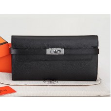 Portefeuille long Kelly Hermès en cuir de veau Epsom noir