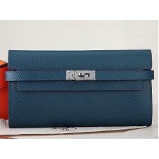 Portefeuille long Kelly Hermès en cuir de veau Epsom bleu foncé