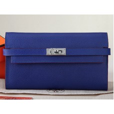 Portefeuille long Kelly Hermès en cuir de veau Epsom bleu électrique