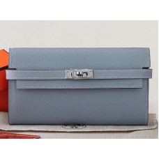 Portefeuille long Kelly Hermès en cuir de veau Epsom original, gris et bleu