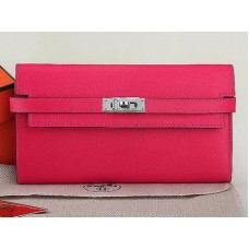 Portefeuille long Kelly Hermès en cuir de veau Epsom rose fuchsia