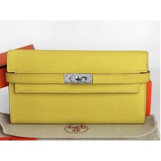 Portefeuille long Kelly Hermès en cuir de veau Epsom jaune citron