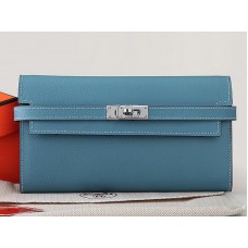Portefeuille long Kelly Hermès en cuir de veau Epsom bleu clair
