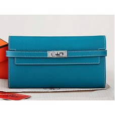 Portefeuille Kelly long Hermès en cuir de veau Epsom bleu moyen
