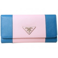 Portefeuille Prada en cuir Saffiano bleu et rose, à trois volets