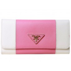 Portefeuille Prada en cuir Saffiano blanc à trois volets et rose