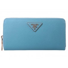 Portefeuille Zippy Prada Saffiano bleu, logo triangle