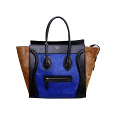 Sac cabas moyen Celine Luggage en cuir de veau noir et poil de poney bleu