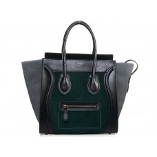 Sac cabas moyen Celine Luggage en cuir de veau noir/daim vert foncé