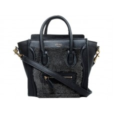 Sac cabas Celine Luggage Mini en cuir de veau noir et laine noire