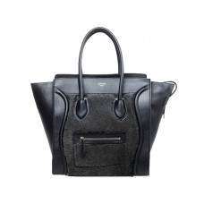 Sac cabas moyen Celine Luggage en cuir de veau noir et laine noire