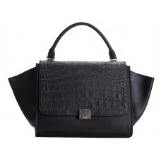 Sac bandoulière Céline Trapeze en cuir de veau façon croco noir