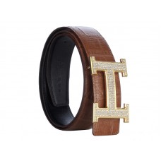 Ceinture Hermès en cuir de crocodile marron avec boucle H dorée et diamants