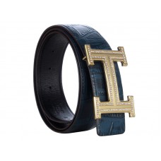 Ceinture Hermès en cuir de crocodile, boucle H dorée et diamants bleu foncé