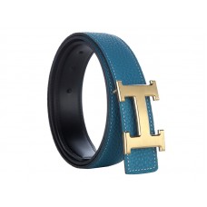 Ceinture Hermès en cuir Togo avec boucle H dorée bleue