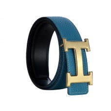 Ceinture Hermès en cuir Togo avec boucle H dorée, bleue et noire.