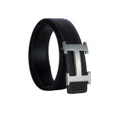 Ceinture Hermès en cuir Togo avec boucle H argentée noire