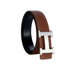 Ceinture Hermès en cuir Togo marron avec boucle H argentée