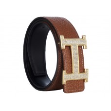 Ceinture Hermès en cuir Togo marron avec boucle H dorée et monture diamant