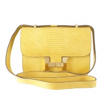 Sac bandoulière Hermès Constance 23 en cuir de lézard jaune