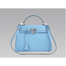 Hermes Kelly 32cm en cuir Togo Clémence bleu jean