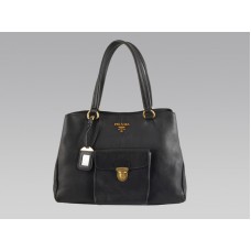 Sac cabas Prada en cuir de vachette noir, format moyen, avec poche avant