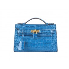 Hermes Matte Kelly Pochette Crocodile Bleu Roi
