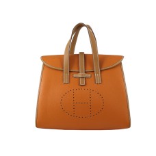 Sac à rabat Hermès 08c orange avec garniture en cuir marron