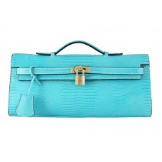 Pochette longue Hermes Kelly en cuir de lézard bleu
