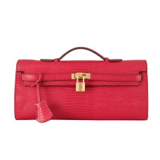 Pochette longue Kelly Hermès en cuir de lézard rouge