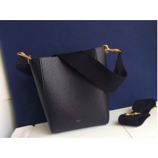 Sac seau Céline Sangle petit modèle en cuir de veau grainé souple noir