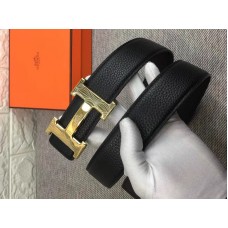 Boucle de ceinture Hermès H en or brillant et bracelet réversible en cuir noir