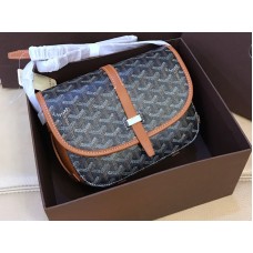 Sac messager Goyard Goyardine Chevron noir avec garnitures en cuir marron