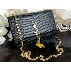 Saint Laurent Kate Medium avec pompon en cuir de crocodile brillant noir