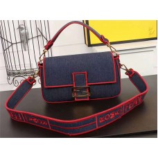 Sac Baguette Fendi grand format en denim bleu et rouge