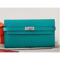 Portefeuille long Kelly Hermès en cuir de veau Epsom turquoise